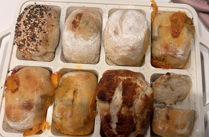 A pan of little sourdough loaves